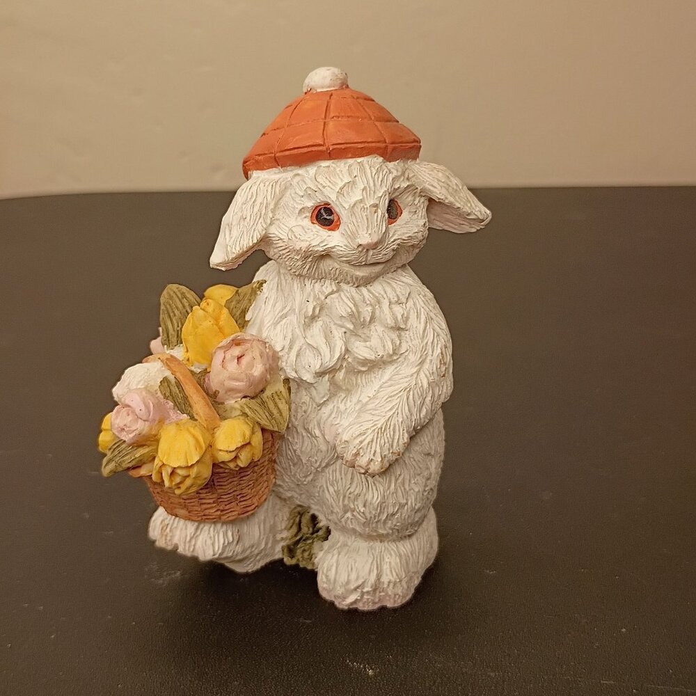 Adorable Hand-Painted Bunny Figurine With Basket Of Flowers